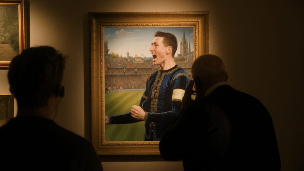 Acteur in Club Brugge Champions League shirt poseert voor schilderij in Brugs museum