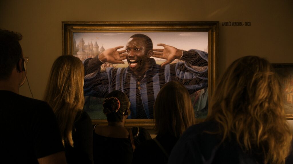 Figurant voor groot Club Brugge Champions League schilderij in museumopstelling