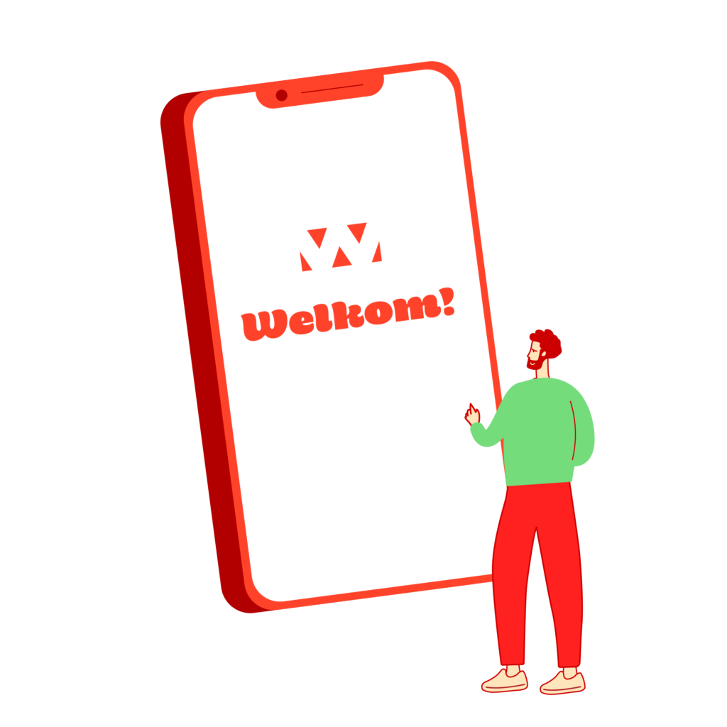 Illustratie van persoon met smartphone met welkomstbericht, still uit Wingene animatievideo