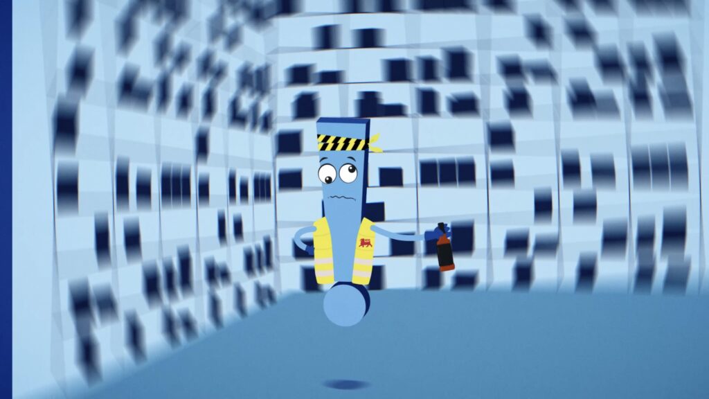Pico-mascotte danst onoplettend in een druk magazijn met reachtrucks, Delhaize veiligheidsanimatie